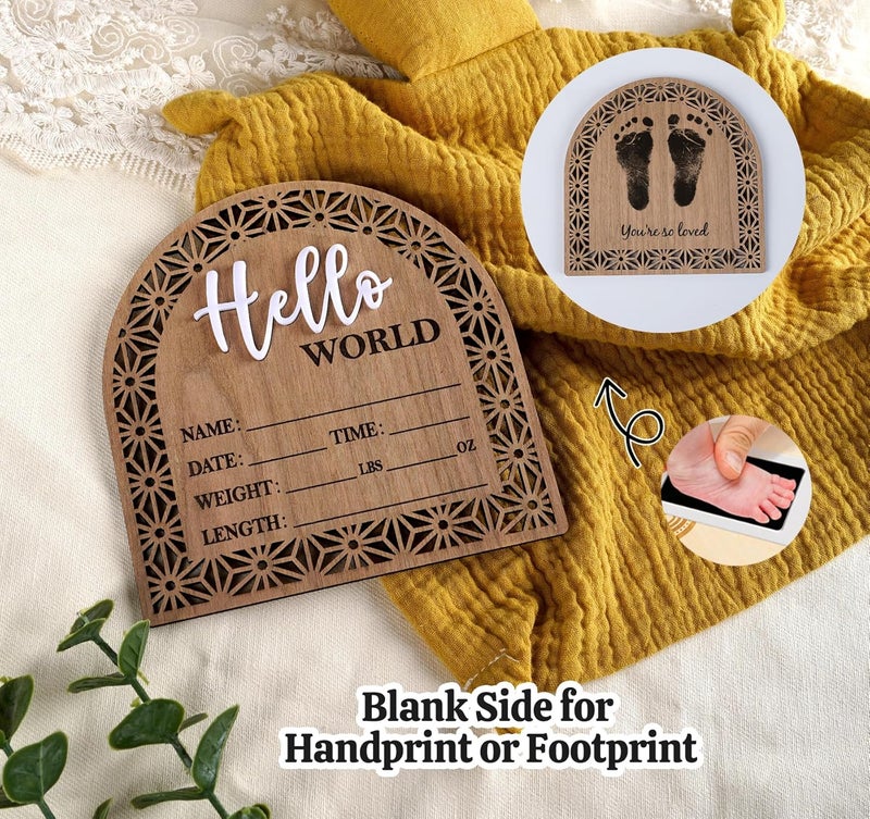 HOUISM Bleed Proof Engineered Wood, 5.5 Inch Wooden Birth Announcement Sign with Easel Stand, 3D Arcylic Hello Sign, Newborn Announcement Plaque for Girl Boy Photo Prop Baby Shower Nursery Hospital - Rustic - Image 4